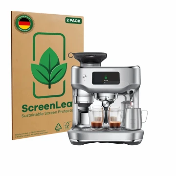 Face avant d’un emballage produit avec le logo de la marque ScreenLeaf. À côté, l’appareil Sage the Oracle Dual Boiler est rep