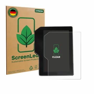 Face avant d’un emballage produit avec le logo de la marque ScreenLeaf. À côté, l’appareil Yamaha Tenere 700 / Rally 2025 est 