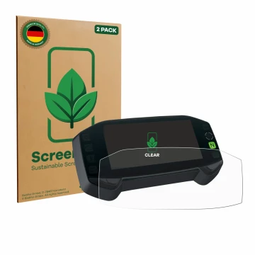 Face avant d’un emballage produit avec le logo de la marque ScreenLeaf. À côté, l’appareil Suzuki DR-Z4S 2025 est représenté a