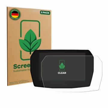 Face avant d’un emballage produit avec le logo de la marque ScreenLeaf. À côté, l’appareil Ducati Streetfighter V2 2025 est re