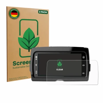 Face avant d’un emballage produit avec le logo de la marque ScreenLeaf. À côté, l’appareil Harley Davidson Soundstream Reserve