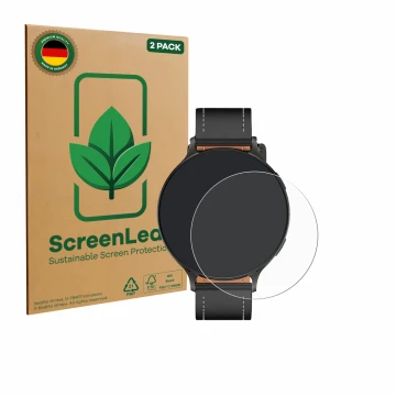 Face avant d’un emballage produit avec le logo de la marque ScreenLeaf. À côté, l’appareil Pireware Nano Smartwatch est représ