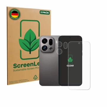 Face avant d’un emballage produit avec le logo de la marque ScreenLeaf. À côté, l’appareil Oppo Find X9 (Avant+Caméra) est rep