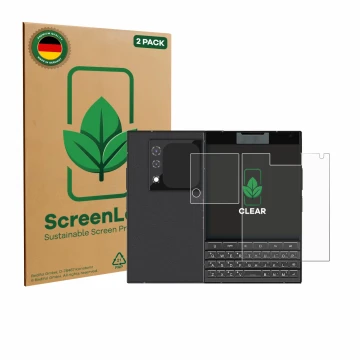 Face avant d’un emballage produit avec le logo de la marque ScreenLeaf. À côté, l’appareil Unihertz Titan 2 (Avant+Caméra) est