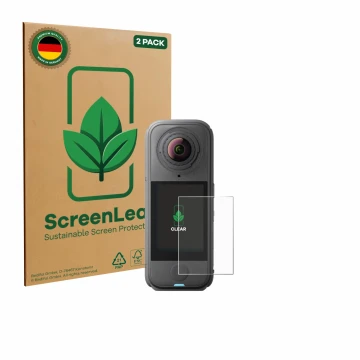 Face avant d’un emballage produit avec le logo de la marque ScreenLeaf. À côté, l’appareil Insta360 X4 Air est représenté avec