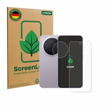 Face avant d’un emballage produit avec le logo de la marque ScreenLeaf. À côté, l’appareil Vivo X300 Pro (Avant+Caméra) est re