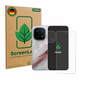 Face avant d’un emballage produit avec le logo de la marque ScreenLeaf. À côté, l’appareil Vivo iQOO 15 (Avant+Caméra) est rep