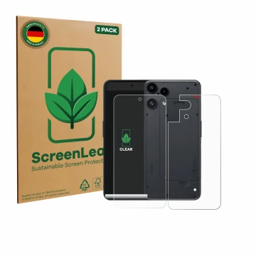 Face avant d’un emballage produit avec le logo de la marque ScreenLeaf. À côté, l’appareil Nothing Phone (3a) Lite (Avant+Arri
