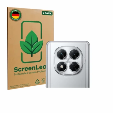 Face avant d’un emballage produit avec le logo de la marque ScreenLeaf. À côté, l’appareil Xiaomi Poco X7 (Caméra UNIQUEMENT) 