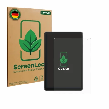 Face avant d’un emballage produit avec le logo de la marque ScreenLeaf. À côté, l’appareil Whitedeer WHEC107BK 10.1