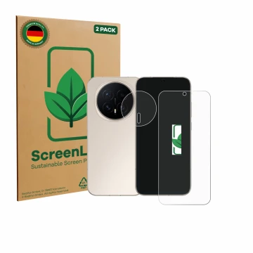 Face avant d’un emballage produit avec le logo de la marque ScreenLeaf. À côté, l’appareil Honor Magic 8 (Avant+Caméra) est re