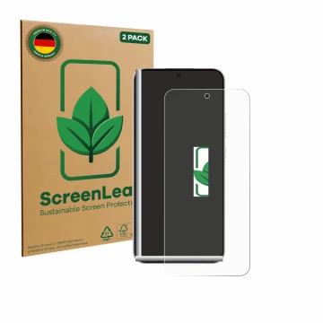 Face avant d’un emballage produit avec le logo de la marque ScreenLeaf. À côté, l’appareil Oppo Reno 14 est représenté avec la