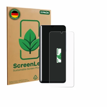 Face avant d’un emballage produit avec le logo de la marque ScreenLeaf. À côté, l’appareil Samsung Galaxy A07 est représenté a