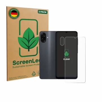 Face avant d’un emballage produit avec le logo de la marque ScreenLeaf. À côté, l’appareil Samsung Galaxy A07 (Avant+Caméra) e
