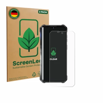 Face avant d’un emballage produit avec le logo de la marque ScreenLeaf. À côté, l’appareil Oukitel WP53 Pro est représenté ave