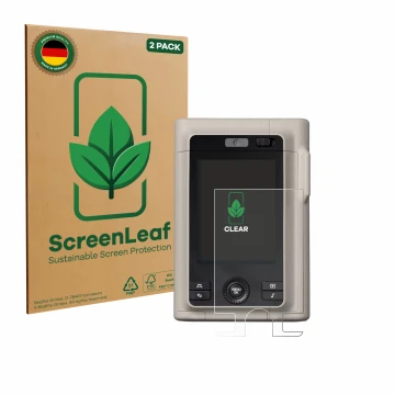 Face avant d’un emballage produit avec le logo de la marque ScreenLeaf. À côté, l’appareil Fujifilm Instax Mini LiPlay Plus es