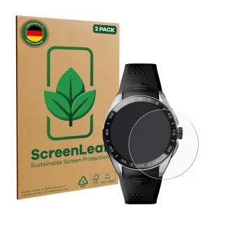 Face avant d’un emballage produit avec le logo de la marque ScreenLeaf. À côté, l’appareil TAG Heuer Connected Calibre E5 (45 