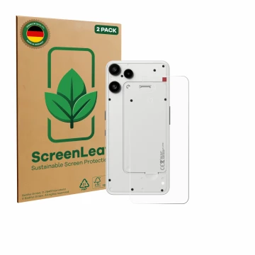 Face avant d’un emballage produit avec le logo de la marque ScreenLeaf. À côté, l’appareil Nothing Phone (3a) Lite (Arrière) e