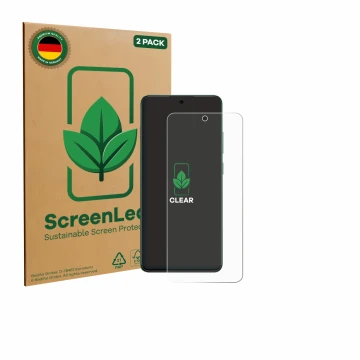 Face avant d’un emballage produit avec le logo de la marque ScreenLeaf. À côté, l’appareil Oppo Reno 12 FS est représenté avec