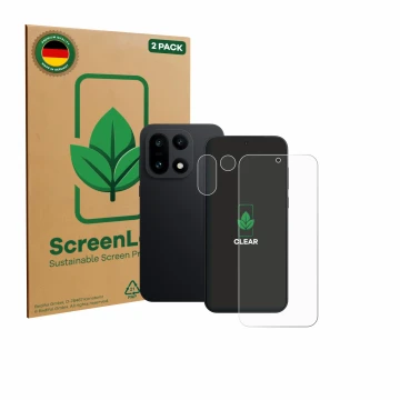Face avant d’un emballage produit avec le logo de la marque ScreenLeaf. À côté, l’appareil OnePlus 15 (Avant+Caméra) est repré