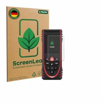 Face avant d’un emballage produit avec le logo de la marque ScreenLeaf. À côté, l’appareil Leica DISTO X3 est représenté avec 