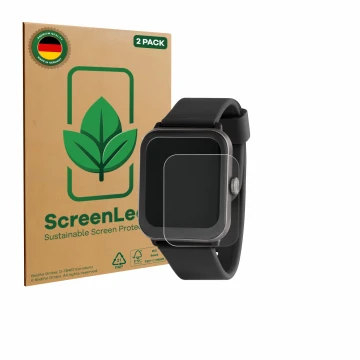 Face avant d’un emballage produit avec le logo de la marque ScreenLeaf. À côté, l’appareil Sector Smartwatch S-08 est représen
