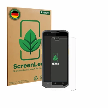 Face avant d’un emballage produit avec le logo de la marque ScreenLeaf. À côté, l’appareil Newland MT93 est représenté avec la