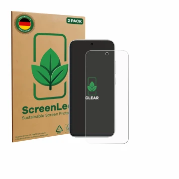 Face avant d’un emballage produit avec le logo de la marque ScreenLeaf. À côté, l’appareil Xiaomi Poco F8 Pro est représenté a