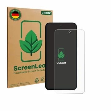 Face avant d’un emballage produit avec le logo de la marque ScreenLeaf. À côté, l’appareil Xiaomi Poco M7 Plus est représenté 
