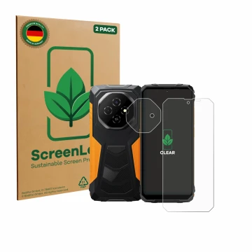 Face avant d’un emballage produit avec le logo de la marque ScreenLeaf. À côté, l’appareil Blackview Fort 1 (Avant+Caméra) est