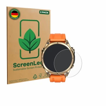 Face avant d’un emballage produit avec le logo de la marque ScreenLeaf. À côté, l’appareil Doogee Anywise W1 est représenté av