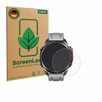 Face avant d’un emballage produit avec le logo de la marque ScreenLeaf. À côté, l’appareil Doogee Anywise W1 Pro est représent