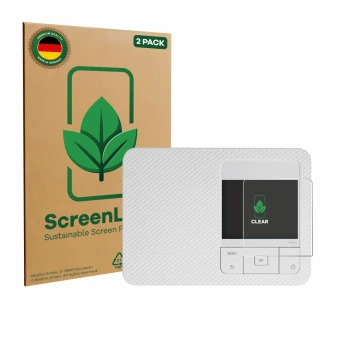 Face avant d’un emballage produit avec le logo de la marque ScreenLeaf. À côté, l’appareil Canon Selphy CP1500 Mini est représ