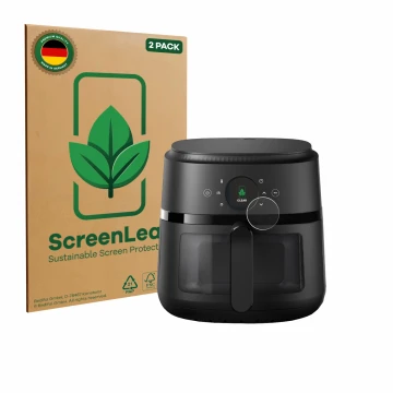 Face avant d’un emballage produit avec le logo de la marque ScreenLeaf. À côté, l’appareil Philips Airfryer 2000 Gen 2 6,2L es