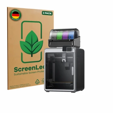 Face avant d’un emballage produit avec le logo de la marque ScreenLeaf. À côté, l’appareil Creality K2 est représenté avec la 