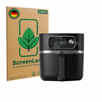 Face avant d’un emballage produit avec le logo de la marque ScreenLeaf. À côté, l’appareil Philips Airfryer HD9880/90 est repr