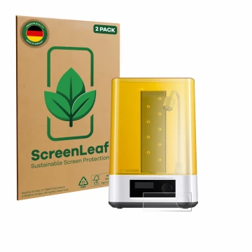 Face avant d’un emballage produit avec le logo de la marque ScreenLeaf. À côté, l’appareil Anycubic Wash & Cure 3 est représen