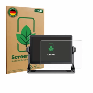 Face avant d’un emballage produit avec le logo de la marque ScreenLeaf. À côté, l’appareil Feelworld LUT 11H 10.1