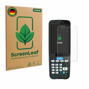 Face avant d’un emballage produit avec le logo de la marque ScreenLeaf. À côté, l’appareil Unitech HT330 est représenté avec l