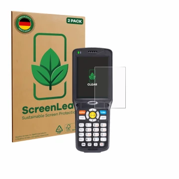 Face avant d’un emballage produit avec le logo de la marque ScreenLeaf. À côté, l’appareil Unitech HT510 est représenté avec l
