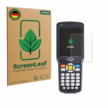 Face avant d’un emballage produit avec le logo de la marque ScreenLeaf. À côté, l’appareil Unitech HT510A est représenté avec 