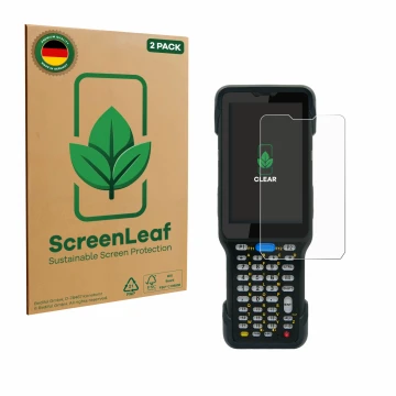 Face avant d’un emballage produit avec le logo de la marque ScreenLeaf. À côté, l’appareil Unitech HT730 est représenté avec l