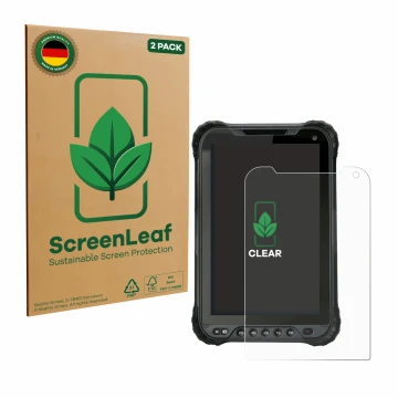 Face avant d’un emballage produit avec le logo de la marque ScreenLeaf. À côté, l’appareil Unitech TB85 Plus est représenté av