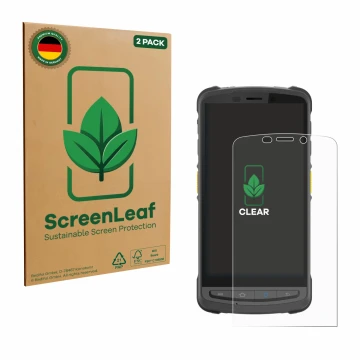 Face avant d’un emballage produit avec le logo de la marque ScreenLeaf. À côté, l’appareil Newland MT9055 Orca III est représe
