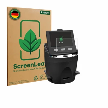 Face avant d’un emballage produit avec le logo de la marque ScreenLeaf. À côté, l’appareil Kodak SCANZA est représenté avec la