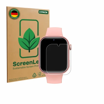 Face avant d’un emballage produit avec le logo de la marque ScreenLeaf. À côté, l’appareil Naixues Kids Smartwatch GPS est rep