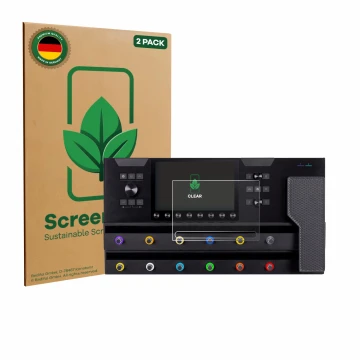 Face avant d’un emballage produit avec le logo de la marque ScreenLeaf. À côté, l’appareil Line 6 Helix Stadium XL est représe