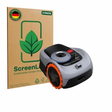 Face avant d’un emballage produit avec le logo de la marque ScreenLeaf. À côté, l’appareil Navimow i105E+ est représenté avec 