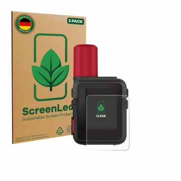 Face avant d’un emballage produit avec le logo de la marque ScreenLeaf. À côté, l’appareil Garmin inReach Mini 3 Plus est repr