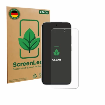 Face avant d’un emballage produit avec le logo de la marque ScreenLeaf. À côté, l’appareil Xiaomi Poco F8 Pro 5G est représent